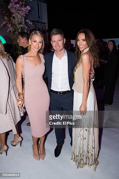 Anna Heinrich, Michael Clarke, Kyly Clarke poses on the red carpet during the Myer Spring 16 Launch at Hordern Pavilion on August 23, 2016 in Sydney,...