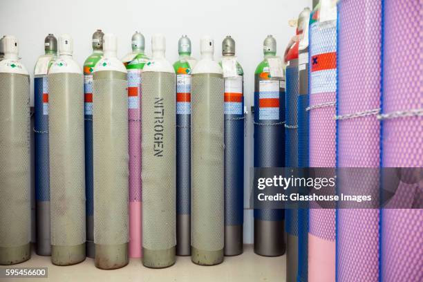 tall nitrogen gas containers in vehicle testing factory, hanoi, vietnam - nitrogen stock pictures, royalty-free photos & images