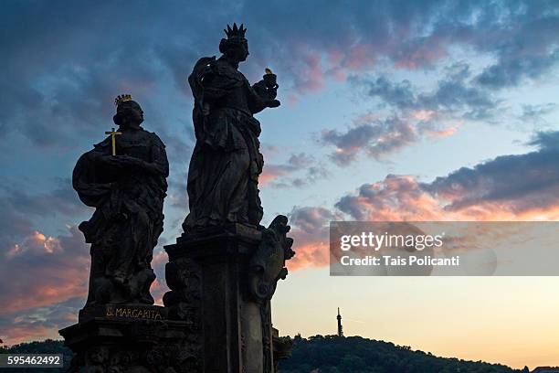 charles bridge (karlův most) statues silhouettes at sunset in prague, czech republic, europe - the moldau river stock pictures, royalty-free photos & images