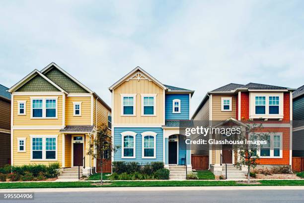 three small houses in row - façade stock pictures, royalty-free photos & images