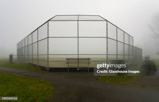 baseball field and backstop in foggy park - backstop foto e immagini stock