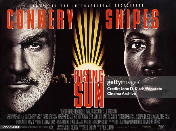 Movie poster advertises 'Rising Sun' , starring Wesley Snipes and Sean Connery, Los Angeles, California, 1993. From the novel by Michael Crichton.