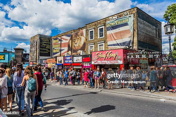 people and typical shops in camden high street - standing banner stock pictures, royalty-free photos & images