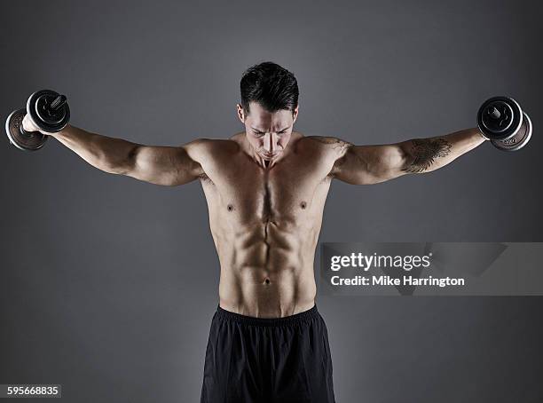 young athletic male bodybuilder lifting dumbbells - male torso stock pictures, royalty-free photos & images