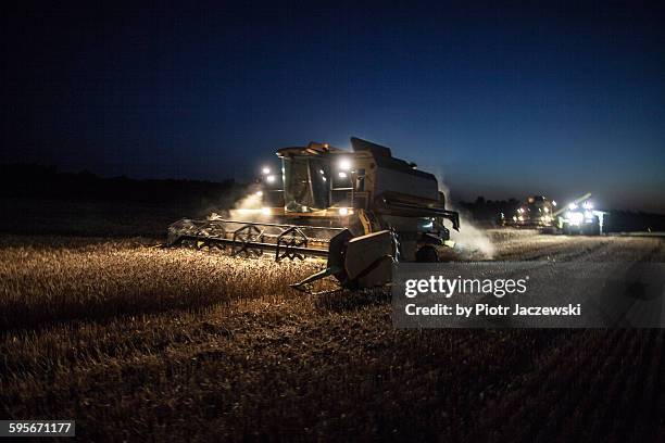 night harvesting - combine harvester stockfoto's en -beelden