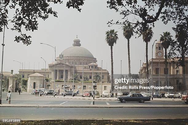 View of the main campus building of Cairo University located in Giza City near Cairo in Egypt, 1968.