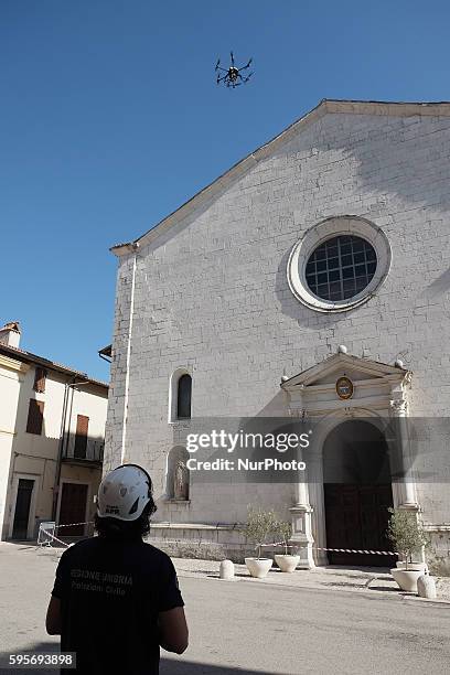 The drone of the Civil Protection flying over the center of Norcia for photographic surveys a few hours after the earthquake that devastated central...