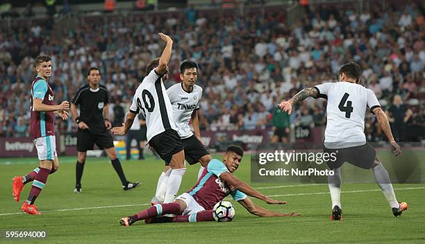 West Ham United's Ashley Fletcher gets brought down by FC Astra Giurgiu Filipe Teixeira not given uring Europa League play-off match between West Ham...