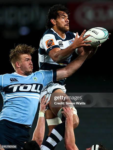 Steven Luatua of Auckland wins a lineout from Josh Goodhue of Northland during the round two Mitre 10 Cup match between Auckland and Northland at...
