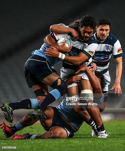 Akira Ioane of Auckland is tackled during the round two Mitre 10 Cup match between Auckland and Northland at Eden Park on August 26, 2016 in...