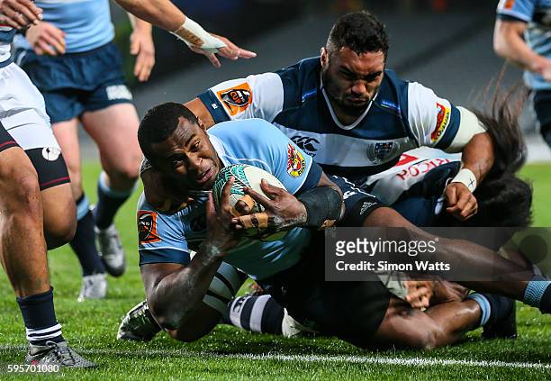 Jone Macilai of Northland scores a try during the round two Mitre 10 Cup match between Auckland and Northland at Eden Park on August 26, 2016 in...