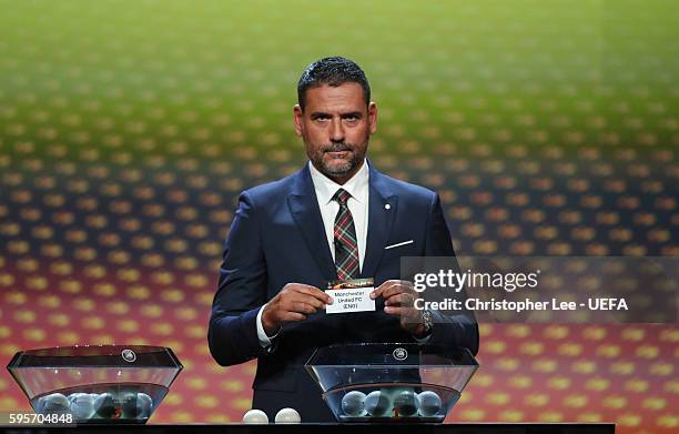 Special guest Andrés Palop draws out the name of Manchester United FC during the UEFA Europa League draw part of the ECF Season Kick Off 2016/17 on...