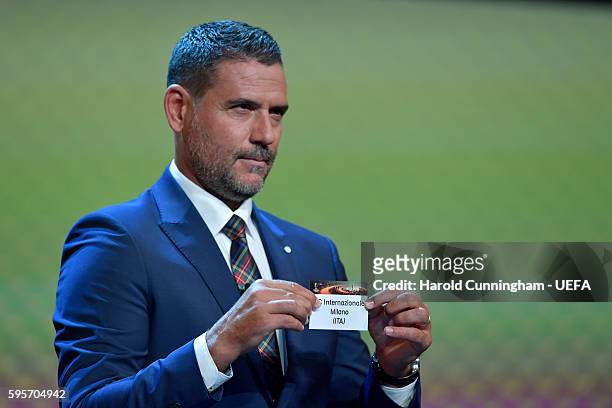Special guest Andrés Palop draws out the name of Internazionale Milano during the UEFA Europa League draw part of the ECF Season Kick Off 2016/17 on...