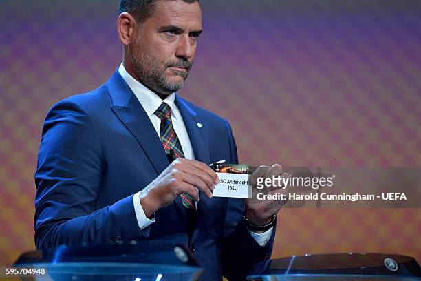 Special guest Andrés Palop draws out the name of Anderlecht during the UEFA Europa League draw part of the ECF Season Kick Off 2016/17 on August 26,...