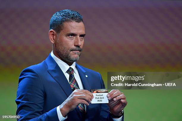 Special guest Andrés Palop draws out the name of Football Club Zenit during the UEFA Europa League draw part of the ECF Season Kick Off 2016/17 on...