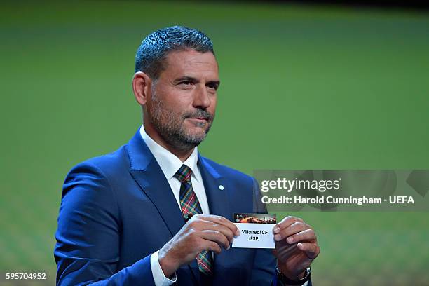 Special guest Andrés Palop draws out the name of Villareal CF during the UEFA Europa League draw part of the ECF Season Kick Off 2016/17 on August...