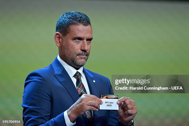 Special guest Andrés Palop draws out the name of AFC Ajax during the UEFA Europa League draw part of the ECF Season Kick Off 2016/17 on August 26,...