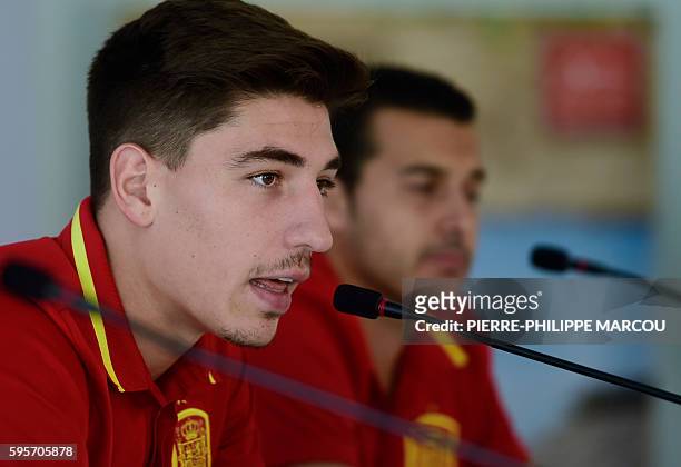 In this picture taken on May 30, 2016 in Schruns Spain's defender Hector Bellerin speaks during a press conference after a training session preparing...