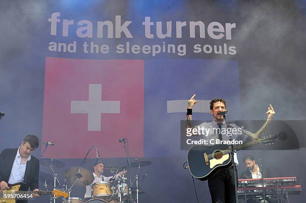 Frank Turner and the Sleeping Souls perform on stage during Day 1 of the Reading Festival at Richfield Avenue on August 26, 2016 in Reading, England.