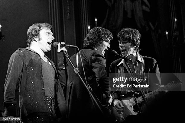 Van Morrison, with Rick Danko and Robbie Robertson of The Band, performs during The Last Waltz at Winterland on November 25, 1976 in San Francisco,...