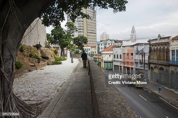 View from the Hanging Gardens of Valongo onto Saude, a historical and old rundown neighborhood in the center of Rio, that is being restored and...