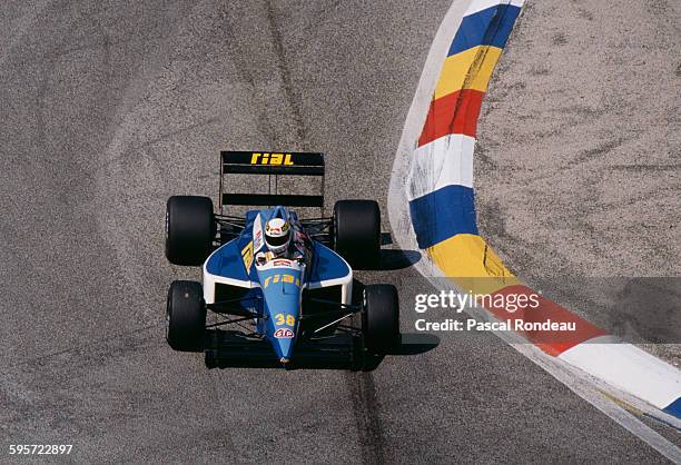 Christian Danner of Germany drives the Rial Racing Rial ARC2 Ford Cosworth DFR V8 during practice for the French Grand Prix on 8 July 1989 at the...