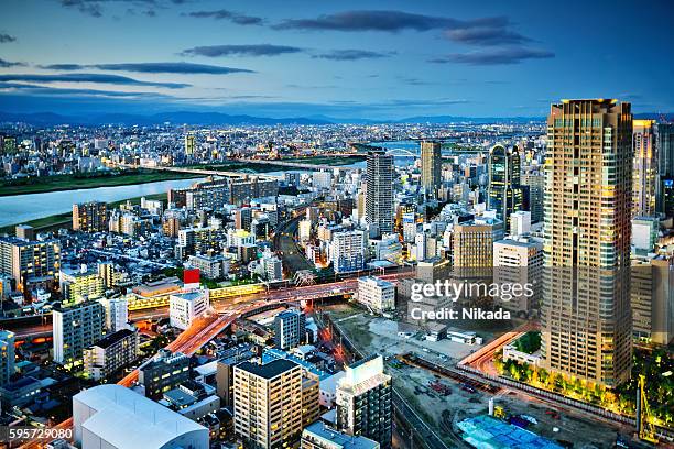 aerial view of osaka skyline - osaka skyline stock pictures, royalty-free photos & images