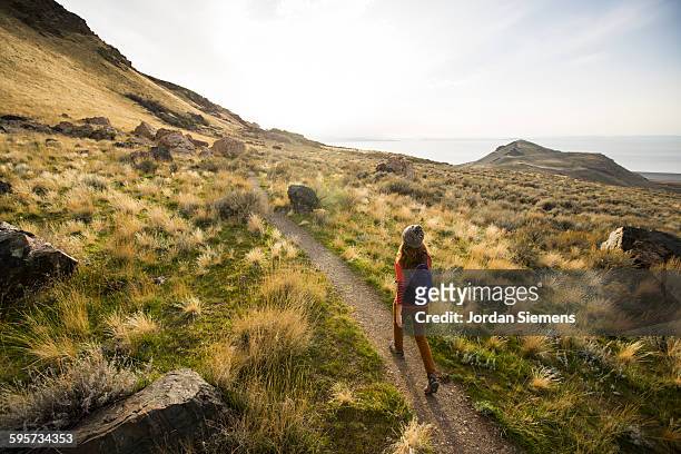 a woman hiking a hilly trail. - salt lake city stock pictures, royalty-free photos & images