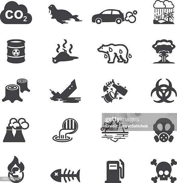 ilustraciones, imágenes clip art, dibujos animados e iconos de stock de iconos de silueta de contaminación | eps10 - contaminación ambiental