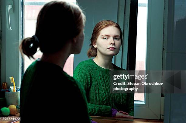 girl and mirror - mirror image stock-fotos und bilder