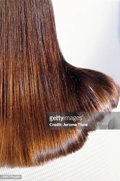 woman with long brown hair falling across shoulder,back view,close-up - straight hair foto e immagini stock