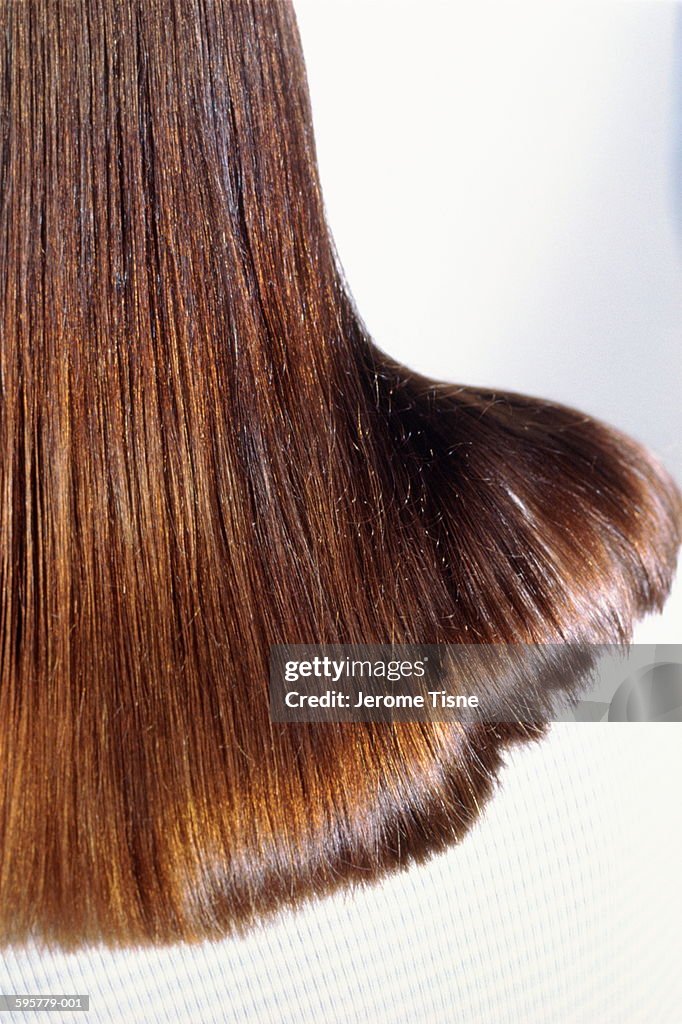 Woman with long brown hair falling across shoulder,back view,close-up