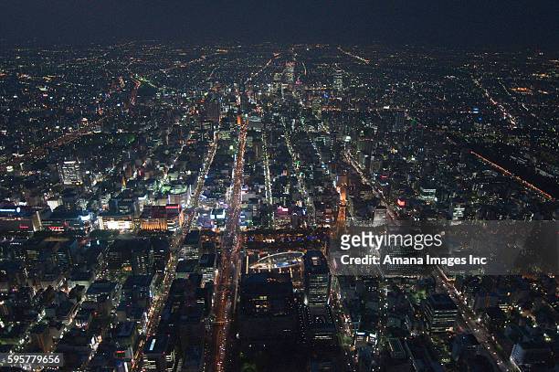 television tower and meieki, nagoya, aerial view - nagoya bildbanksfoton och bilder