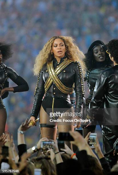Beyonce perform during the Pepsi Super Bowl 50 Halftime Show at Levi's Stadium on February 7, 2016 in Santa Clara, California.
