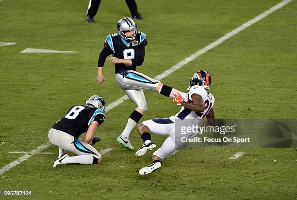 Graham Gano of the Carolina Panthers kicks a field goal against the Denver Broncos during Super Bowl 50 at Levi's Stadium on February 7, 2016 in...