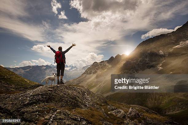 solo traveller and dog hiking in switzerland. - graubunden canton stock pictures, royalty-free photos & images