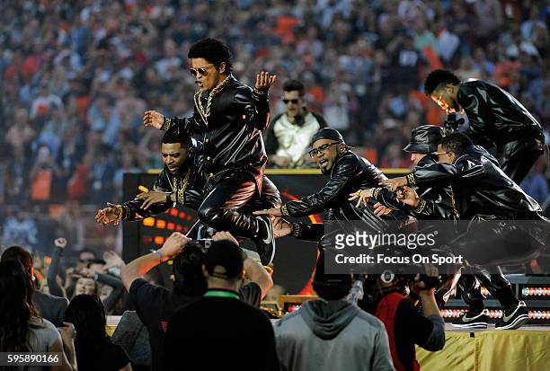 Bruno Mars perform during the Pepsi Super Bowl 50 Halftime Show at Levi's Stadium on February 7, 2016 in Santa Clara, California.