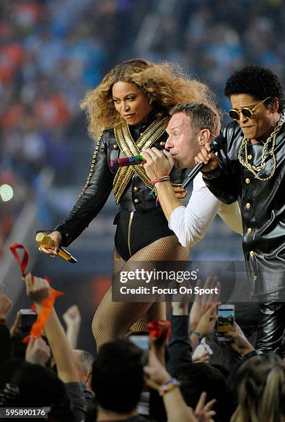 Beyonce, Chris Martin of Coldplay and Bruno Mars perform during the Pepsi Super Bowl 50 Halftime Show at Levi's Stadium on February 7, 2016 in Santa...