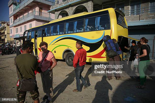 Tourist take a bus in Katmandu, Nepal on 26 August 2016. As the roads are dangerous there are many fatal accidents every week as the routes are on...