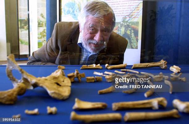 French anthropologist Yves Coppens poses by bones from the skeleton of a female australopithecus, aka Lucy specimen, on July 10, 2004 in Carnac as...