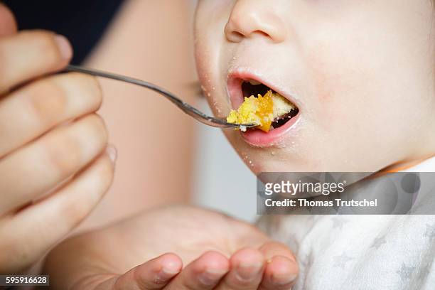 Berlin, Germany A toddler is fed with a spoon on August 11, 2016 in Berlin, Germany.