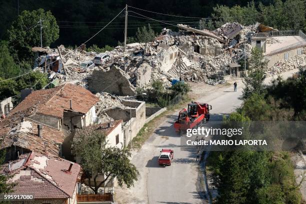 View of damages in a street of Pescara del Tronto, a central Italian village near Amatrice, on August 26 two day after a 6.2-magnitude earthquake...