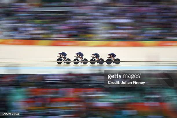 Katie Archibald, Laura Trott, Elinor Barker and Joanna Rowsell-Shand of Great Britain compete in the Women's Team Pursuit Final for the Gold medal on...