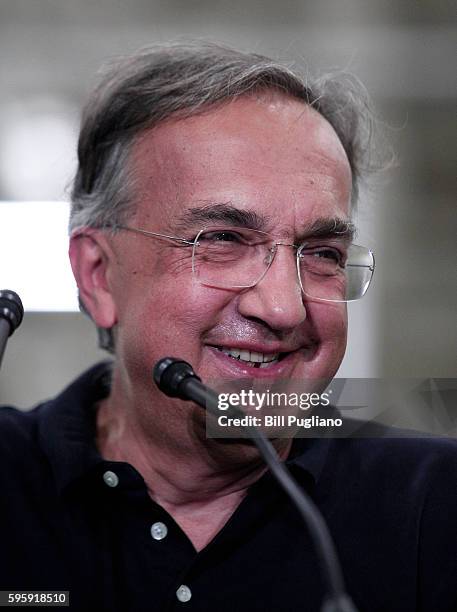 Fiat Chrysler Automobiles CEO Sergio Marchionne answers questions from the news media after taking part in an event celebrating the start of...