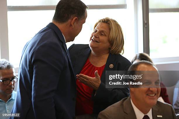 Rep. Ileana Ros-Lehtinen speaks with Miami Beach Mayor Philip Levine as they attend a round table discussion about Zika preparedness in the Miami...