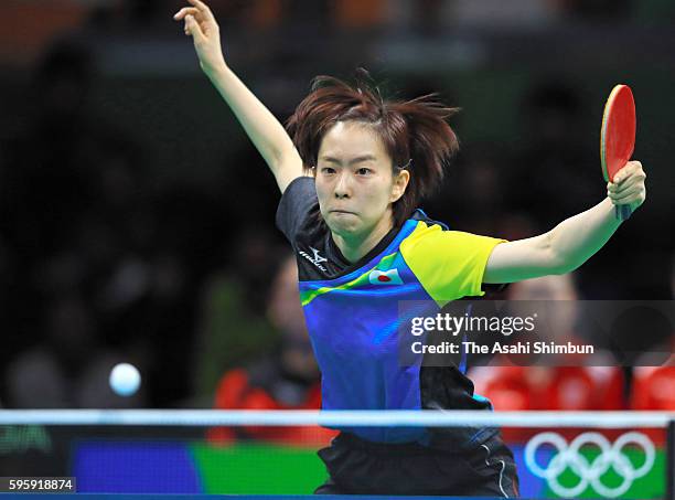 Kasumi Ishikawa of Japan competes against Liu Jia of Austria during the Table Tennis Women's Team Round Quarterfinal between Japan and Austria during...