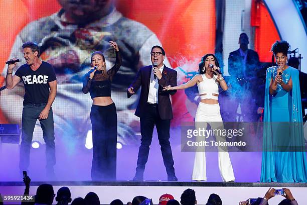 Show" -- Pictured: Carlos Ponce, Laura Flores, Raul Gonzalez, Carolina Gaitan, and Jeimy Osorio perform on stage during the 2016 Premios Tu Mundo at...