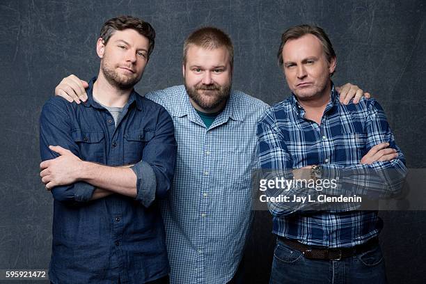 Actor Patrick Fugit, Robert Kirkman, and Philip Glenister of the television series ' Outcast' are photographed for Los Angeles Times at San Diego...