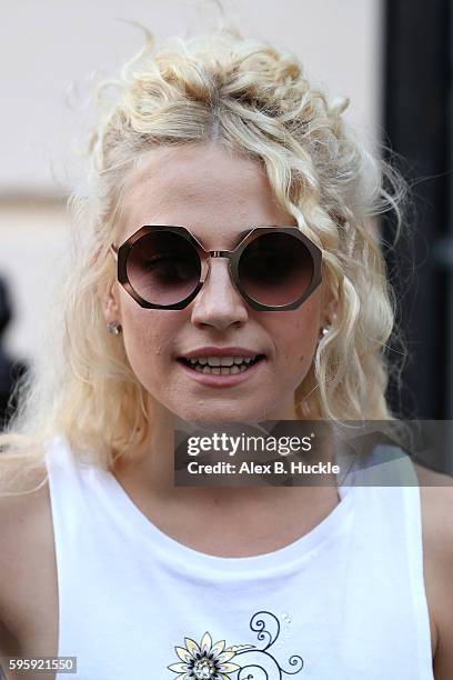 Pixie Lott arrives at the Theatre Royal Haymarket where she is appearing in 'Breakfast at Tiffany's' on August 26, 2016 in London, England.