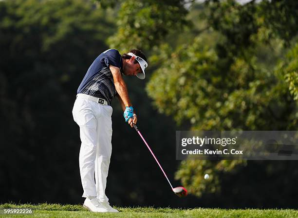 Bubba Watson hits his tee shot on the fifth hole during the second round of The Barclays in the PGA Tour FedExCup Play-Offs on the Black Course at...